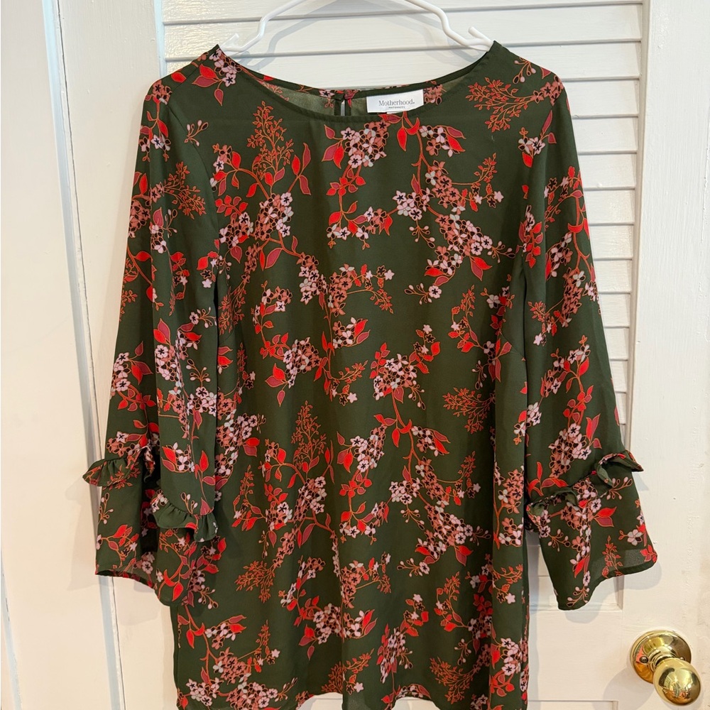 Motherhood Maternity Olive Floral Blouse – Ruffle Sleeve